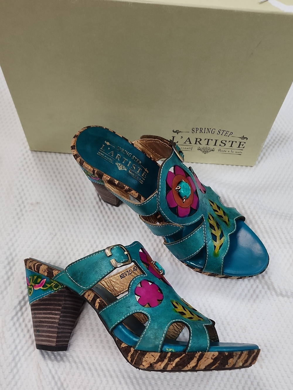 L'Artiste Teal Floral Leather Heeled Sandals by Spring Step